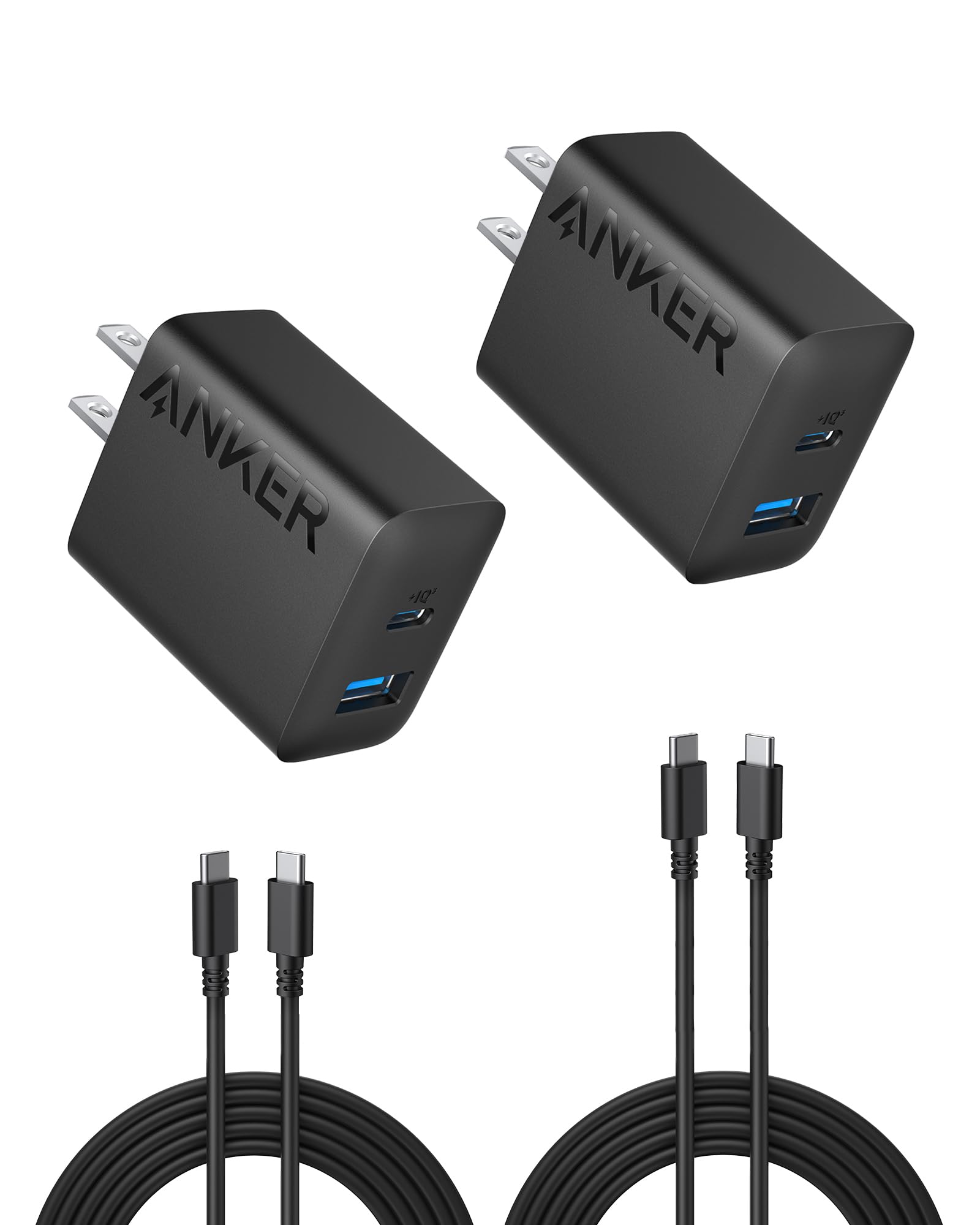 Vista oficial del paquete Anker B2348112 con dos cargadores de 20 W y dos cables USB-C