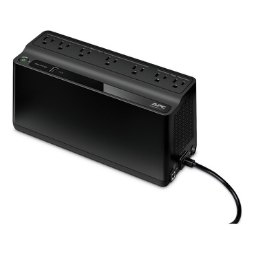 Vista frontal izquierda oficial del UPS APC Back-UPS BE600M1, modelo base de BE600M1-LM