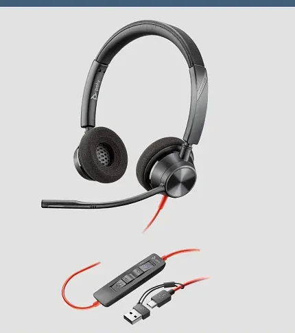 Vista oficial del Poly Blackwire 3320 8X220AA con auricular, controlador y adaptador USB-C/A