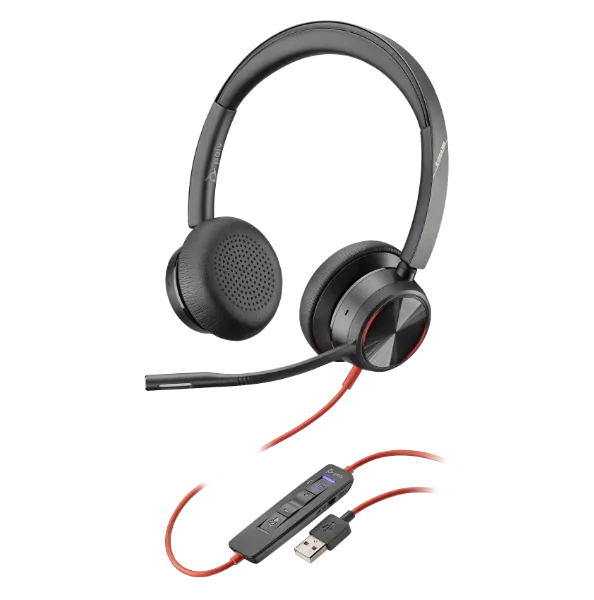 Vista frontal del Poly Blackwire 8225 8X223AA con adaptador USB-C/A
