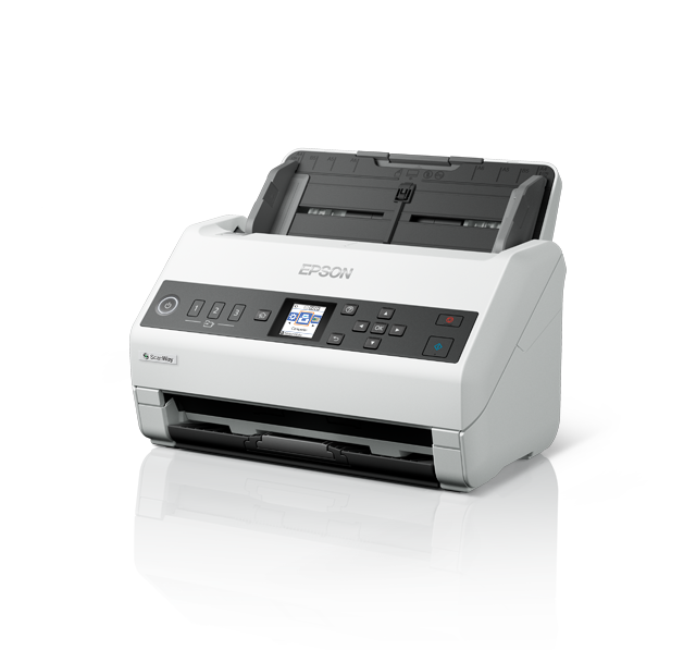 Vista angular frontal oficial del escáner Epson DS-730N con alimentador desplegado