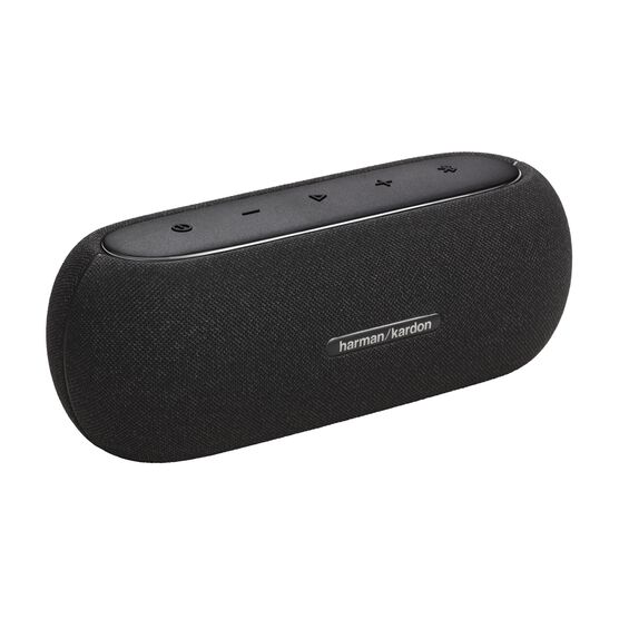 Vista frontal del parlante Bluetooth Harman Kardon Luna negro sobre fondo blanco