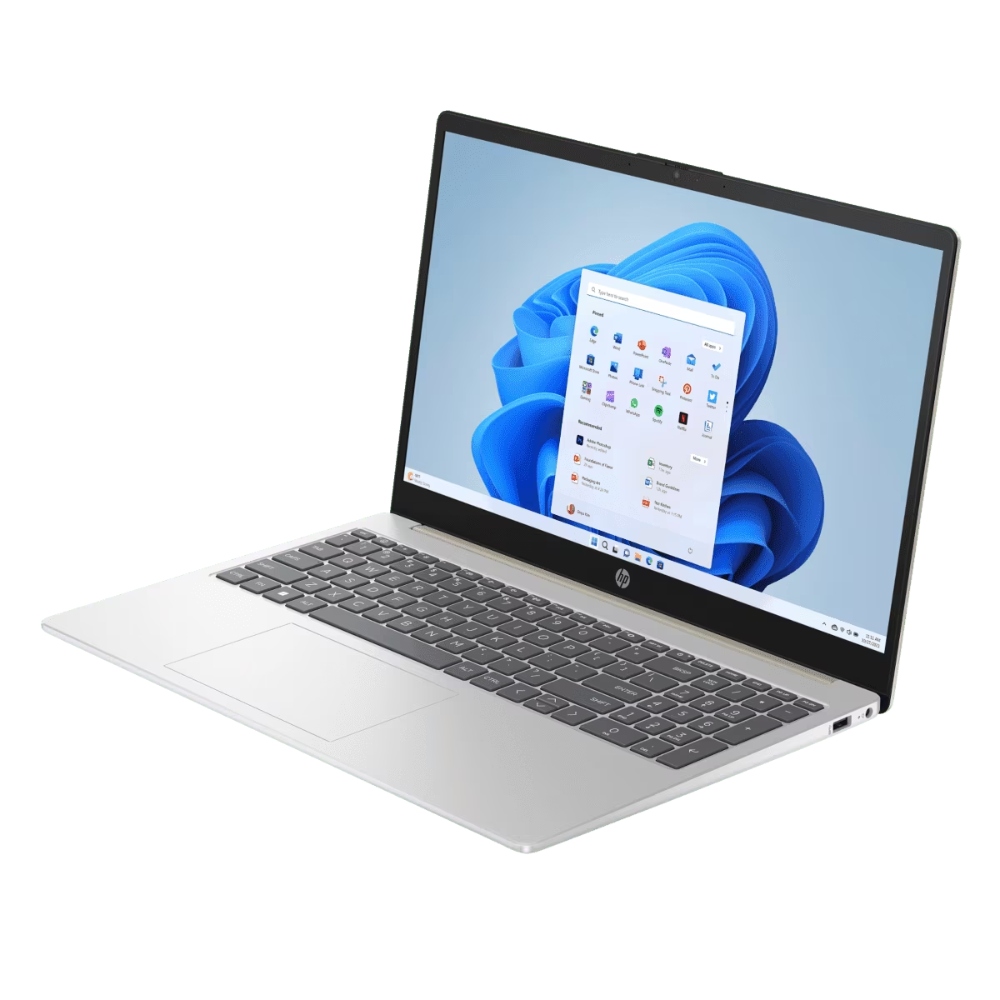 Vista angular limpia de la laptop HP 15-fc0258la con cubierta dorada cálida