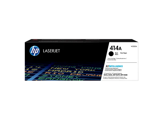 Cartucho de tóner original HP 414A negro W2020A aislado sobre fondo transparente
