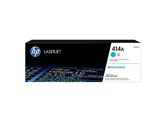 Cartucho de tóner original HP 414A cian W2021A aislado sobre fondo transparente