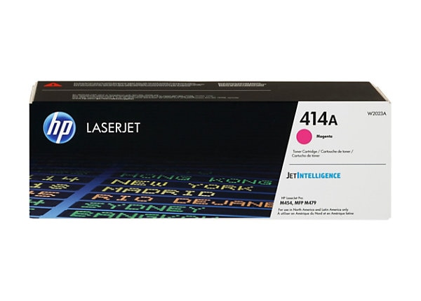 Cartucho de tóner original HP 414A magenta W2023A aislado sobre fondo blanco