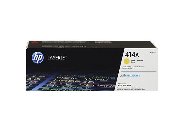 Cartucho de tóner original HP 414A amarillo W2022A aislado sobre fondo blanco