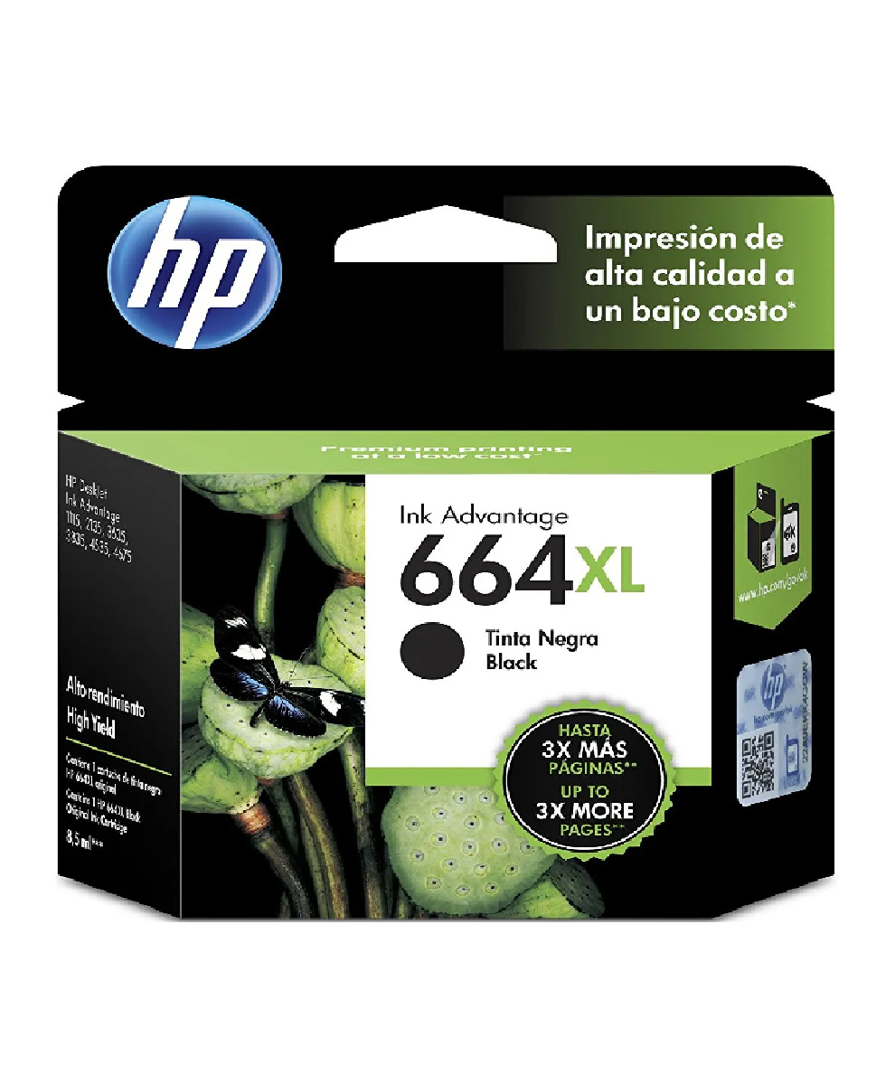 Cartucho HP 664XL negro F6V31AL aislado sobre fondo blanco