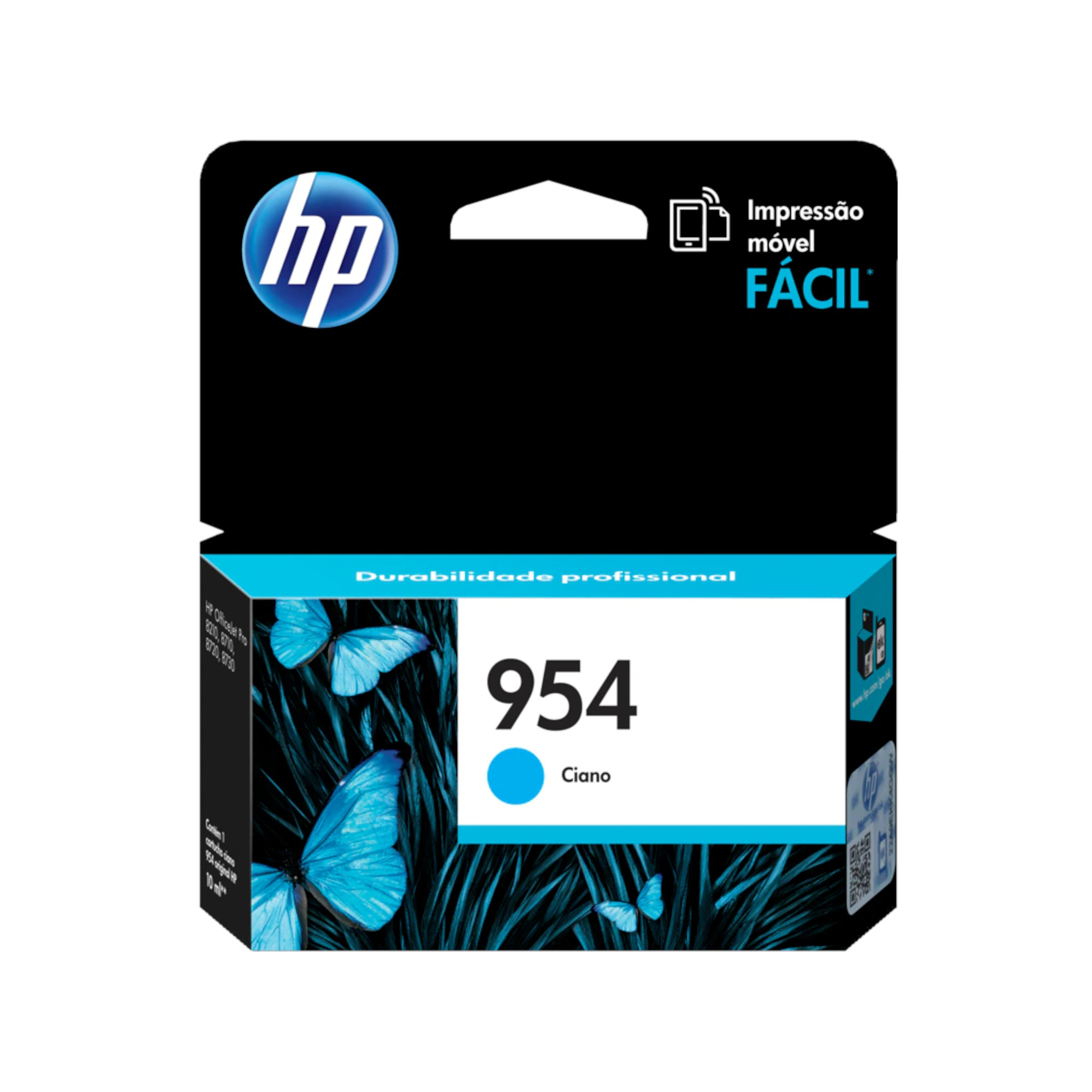 Cartucho original HP 954 cian L0S50AL aislado sobre fondo blanco