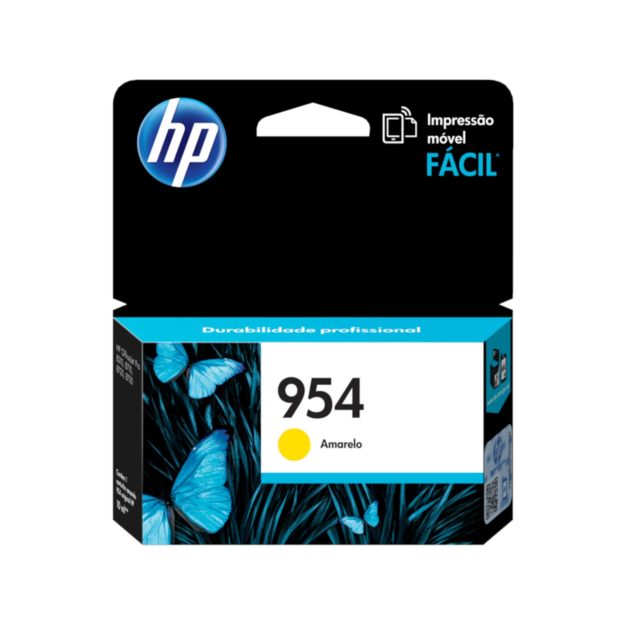 Cartucho original HP 954 amarillo L0S56AL aislado sobre fondo blanco
