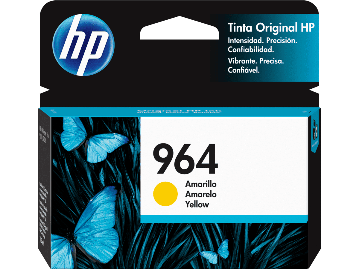 Cartucho original HP 964 amarillo 3JA52AL aislado sobre fondo transparente