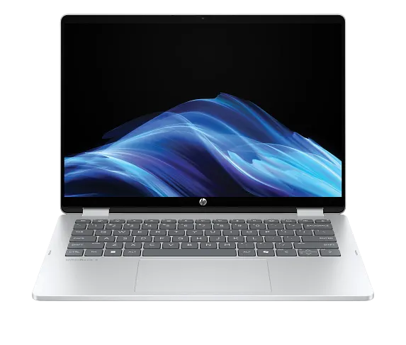 Vista frontal limpia de la familia HP OmniBook 5 Flip 14 en acabado plata glaciar