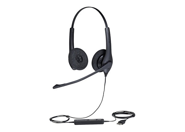 Vista limpia del auricular Jabra BIZ 1500 Duo USB con controlador y conector USB-A