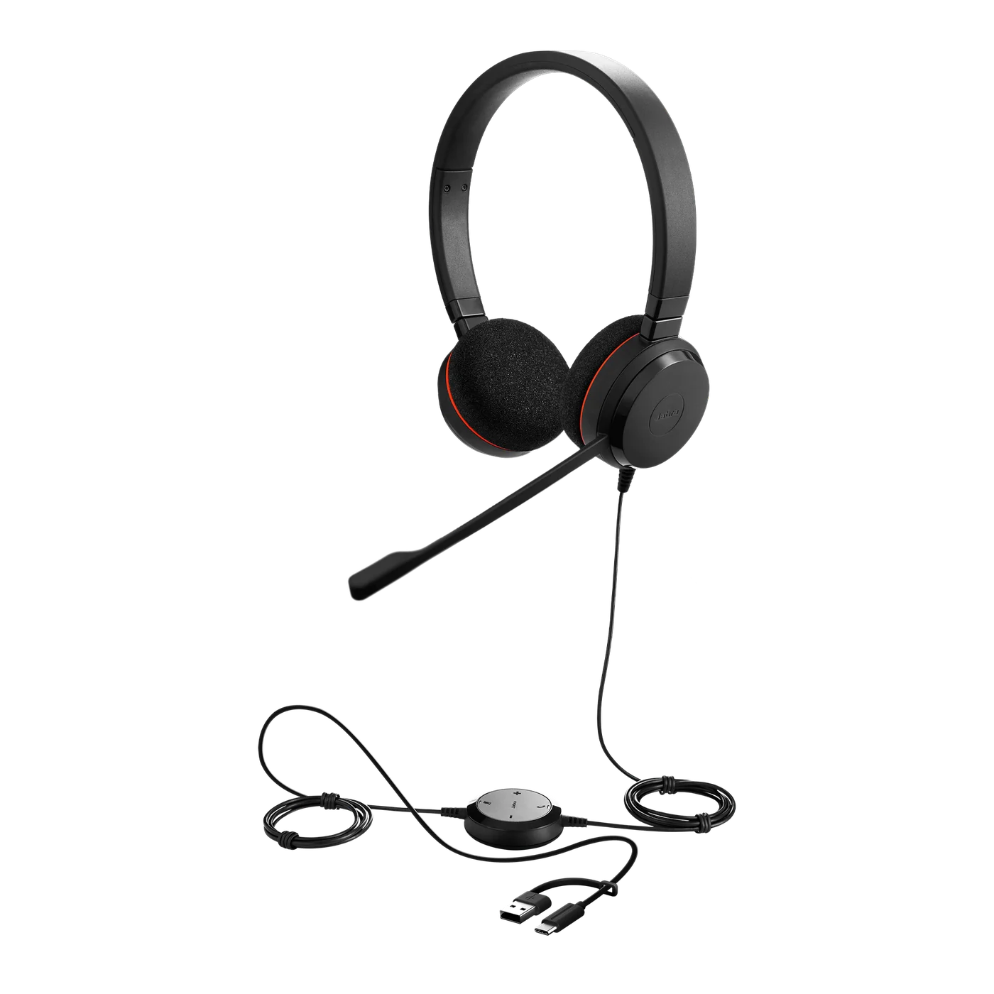 Vista oficial de Jabra Evolve 20 USB-C/A UC Stereo con auricular, controlador y adaptador