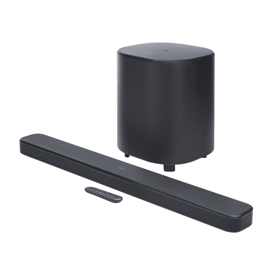 Vista principal del sistema JBL Bar 500MK2 negro con barra y subwoofer