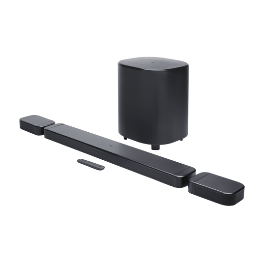 Vista principal del sistema JBL Bar 800MK2 negro con barra, subwoofer y altavoces surround