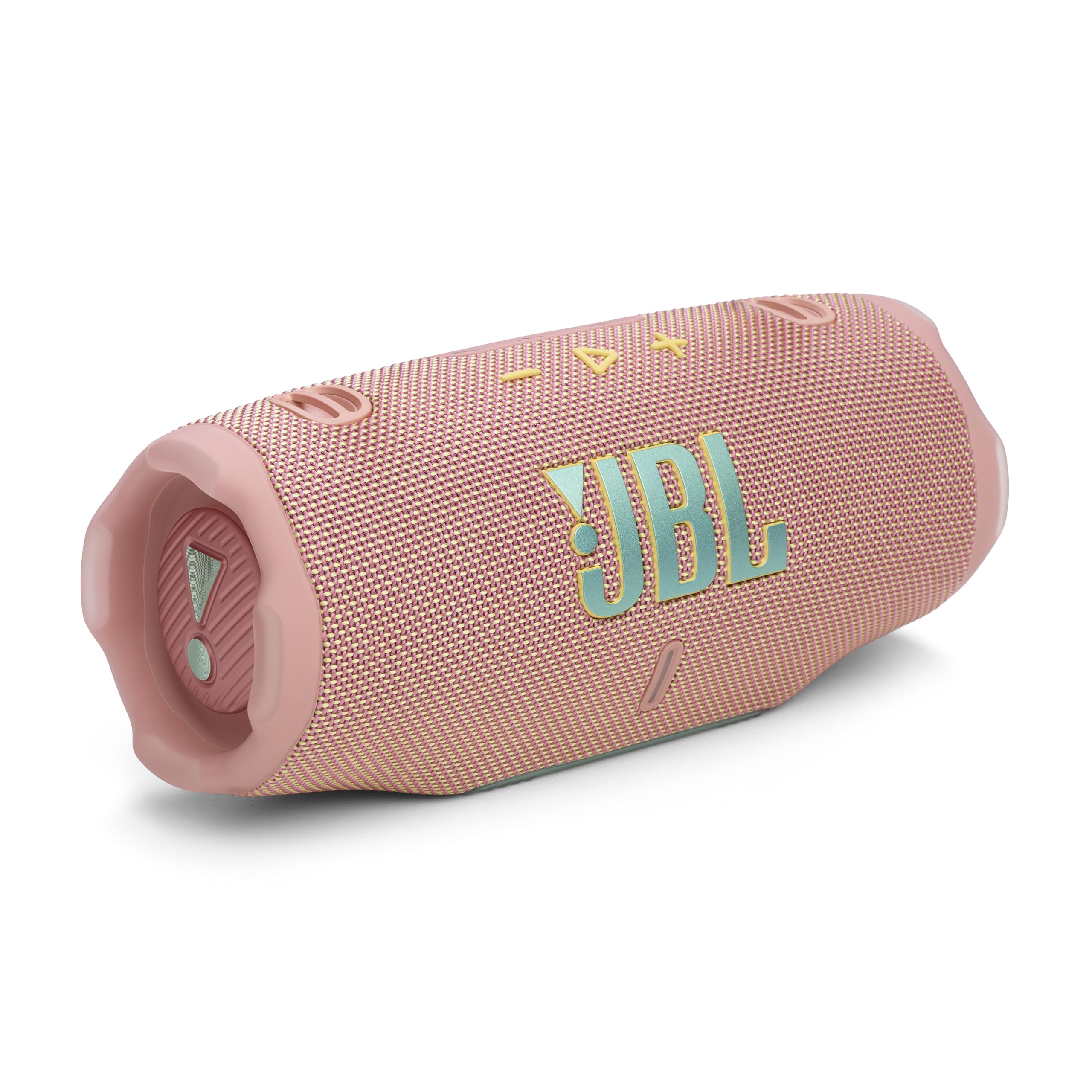 Vista angular frontal del parlante JBL Charge 6 rosa