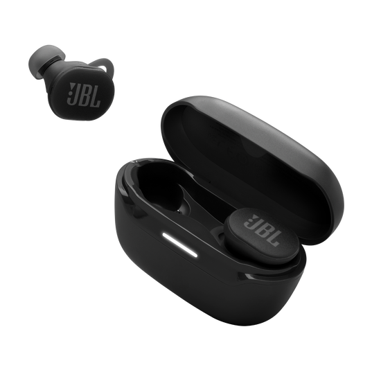 Estuche abierto con auriculares JBL Endurance Race 2 negros