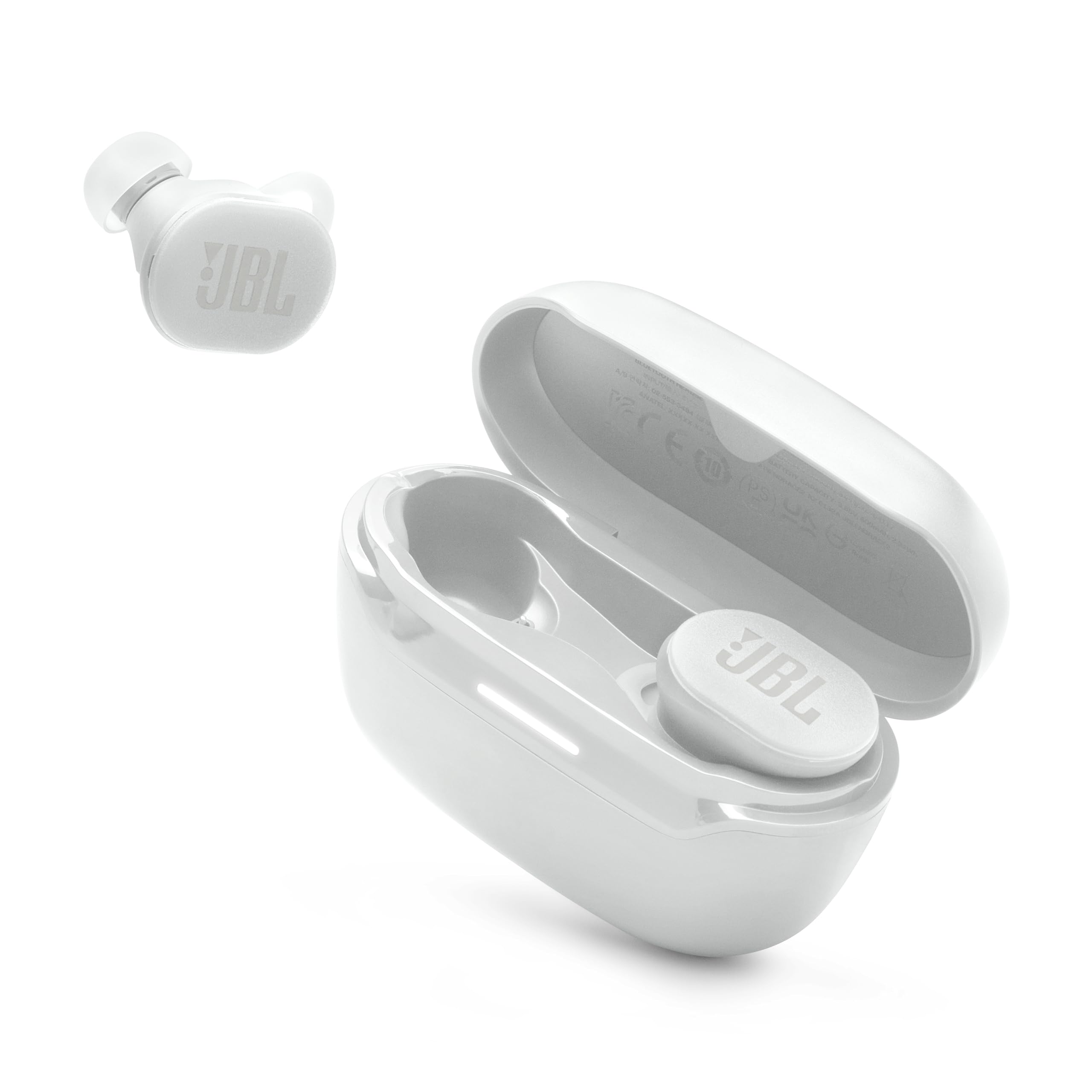 Estuche abierto con auriculares JBL Endurance Race 2 blancos