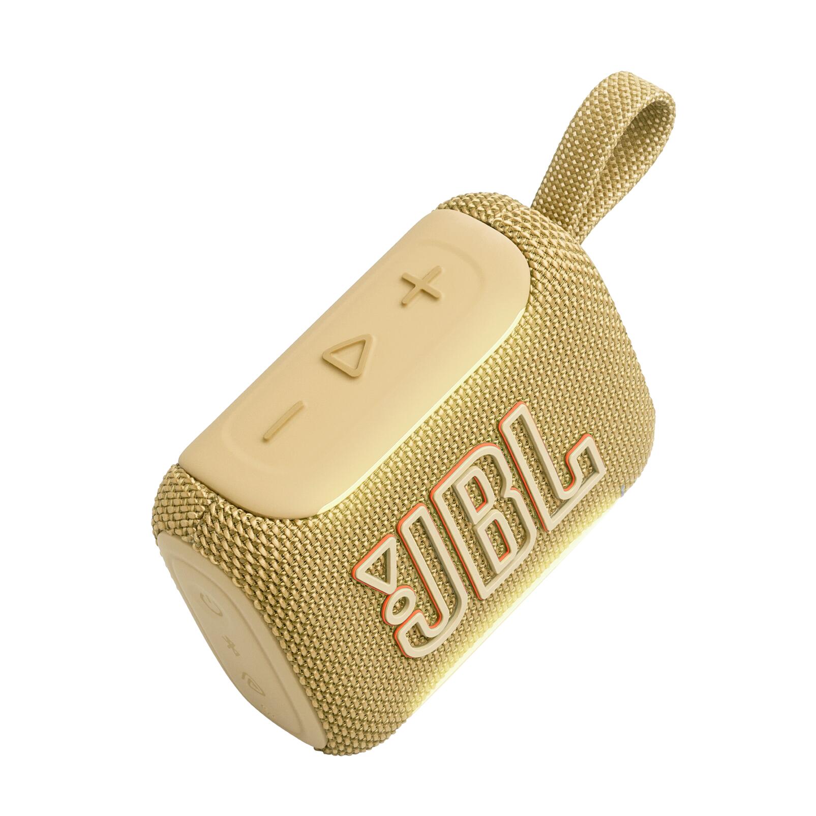 Vista frontal angular del parlante JBL Go 5 amarillo