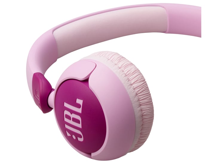 Vista frontal angular de los audífonos infantiles JBL Junior 320 púrpura