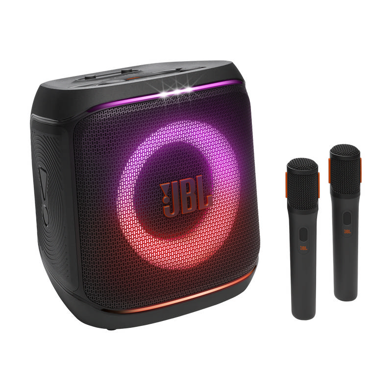 Vista frontal del JBL PartyBox Encore 2 negro con dos micrófonos