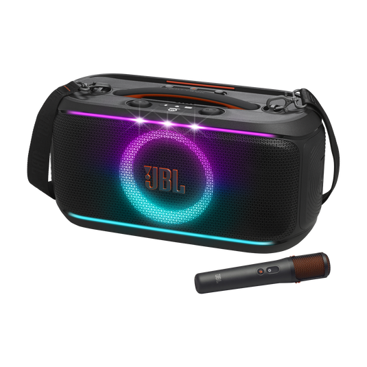 Vista principal del parlante JBL PartyBox On-the-Go 2 Plus con micrófono inalámbrico