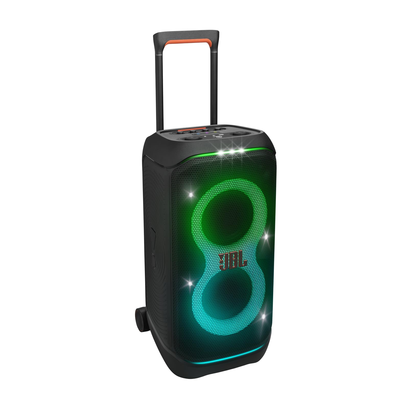 Vista frontal angular del parlante JBL PartyBox Stage 320 negro