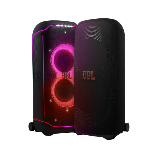JBL PartyCover Ultimate negra colocada sobre un JBL PartyBox Ultimate
