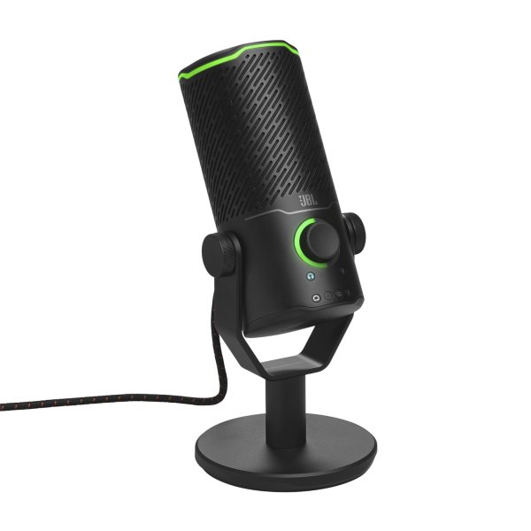 Vista frontal angular del micrófono JBL Quantum Stream Studio