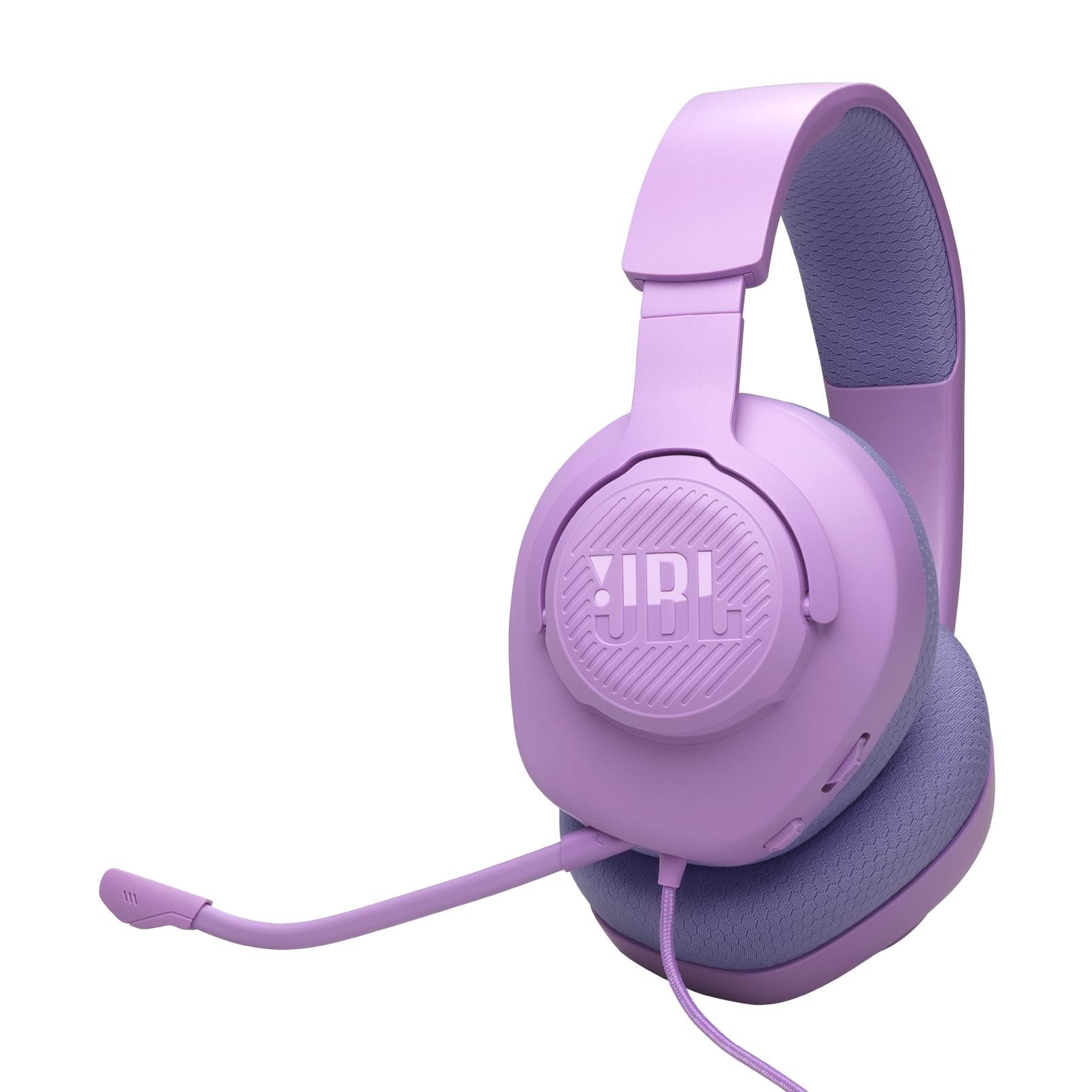 Vista angular del audífono gaming JBL Quantum 100M2 púrpura