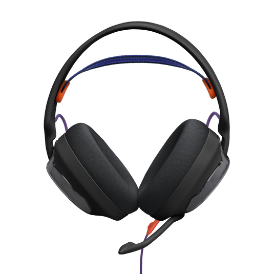 Vista frontal del JBL Quantum 250 negro con almohadillas y micrófono