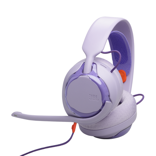 Vista principal angular del JBL Quantum 250 púrpura con micrófono