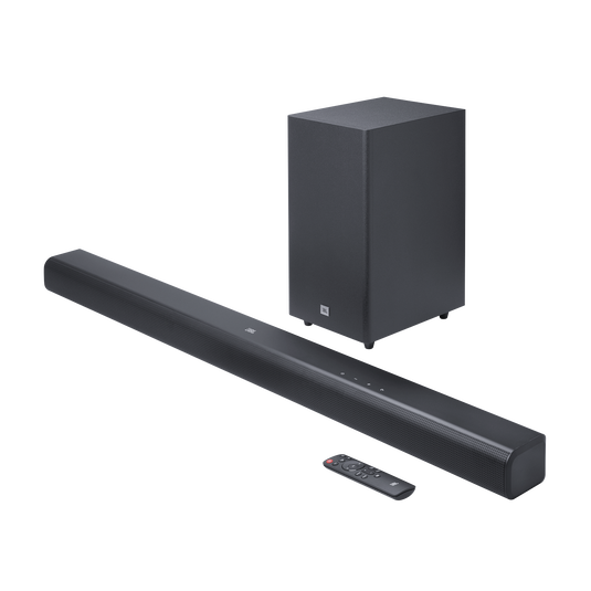 Vista angular de JBL Cinema SB580 con subwoofer inalámbrico