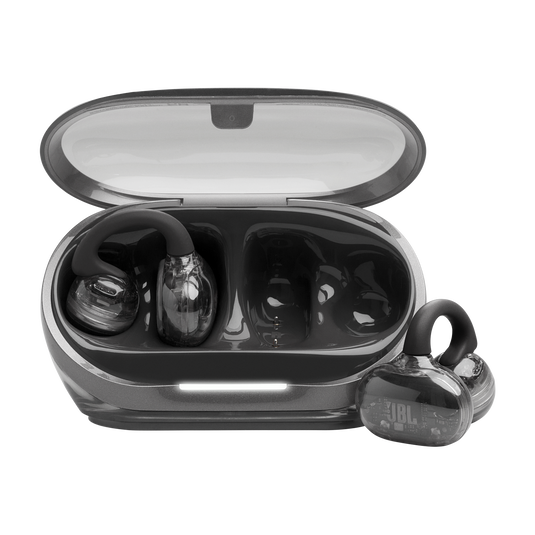 Estuche abierto con JBL Soundgear Clips negros