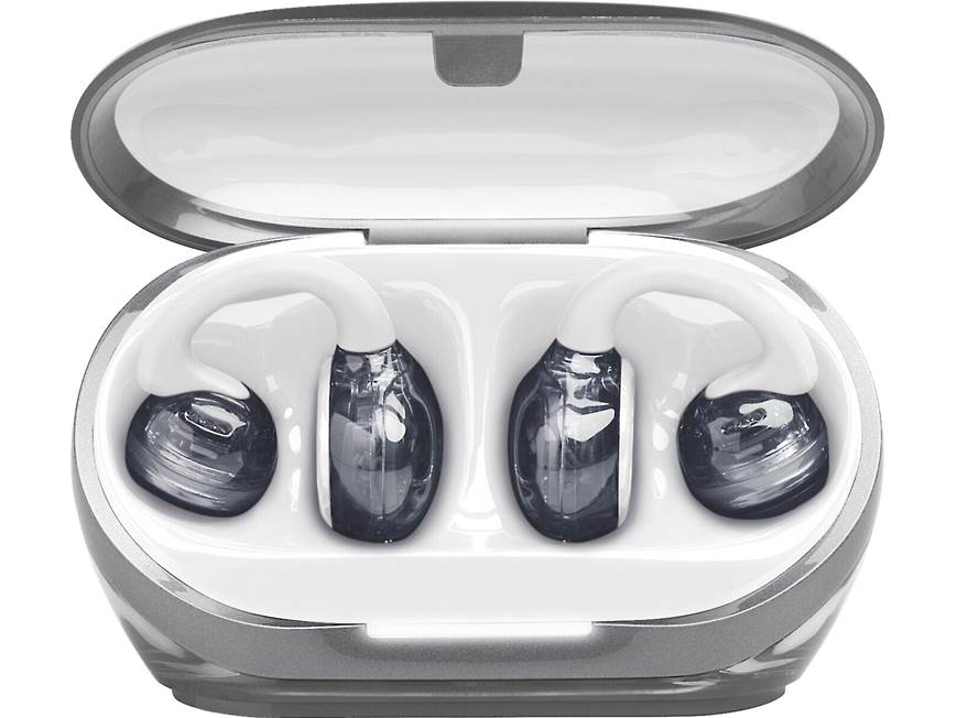 Estuche abierto con JBL Soundgear Clips blancos