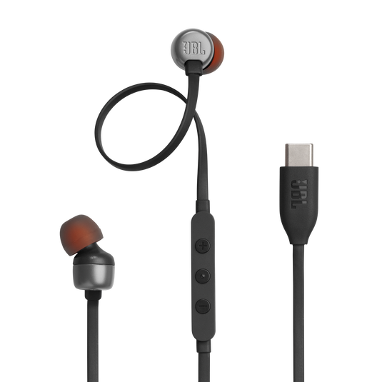 Vista principal de los audífonos JBL Tune 310C USB-C negros con cable y conector