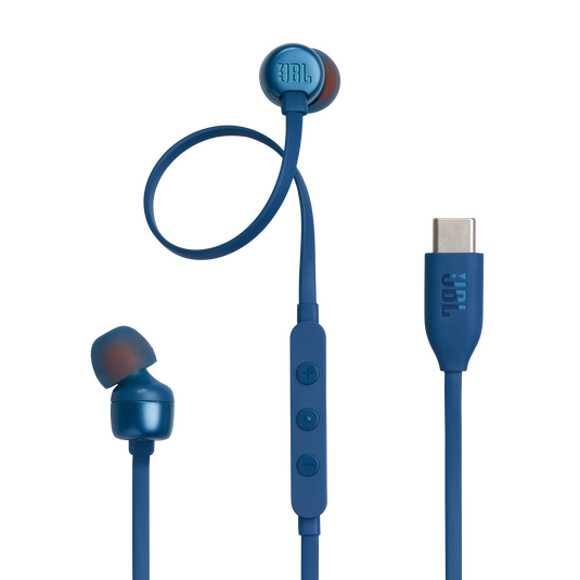 Vista completa de los audífonos JBL Tune 310C USB-C azules con control y conector