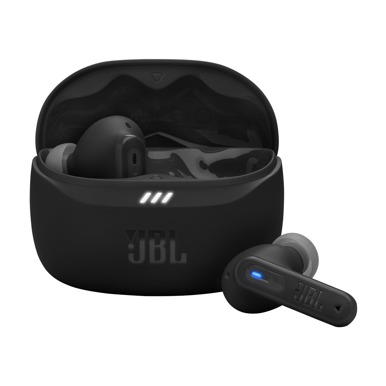 Estuche abierto y auriculares JBL Tune Beam 2 negros