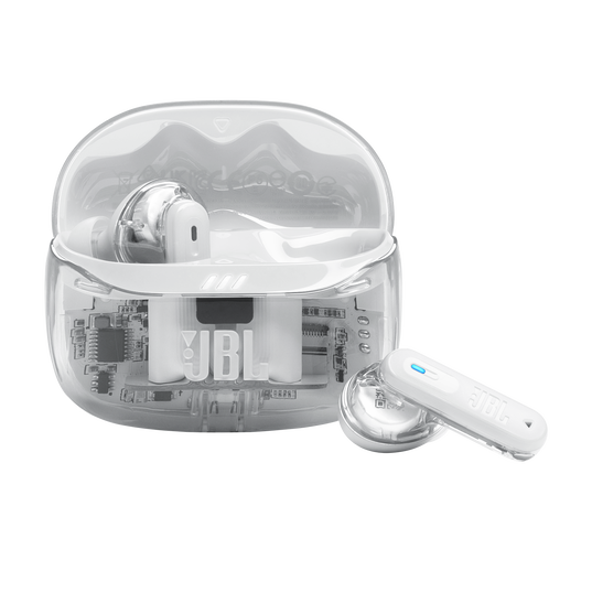Vista principal de los audífonos JBL Tune Beam 2 Ghost White con estuche transparente