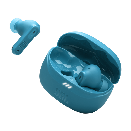 Estuche abierto con auricular JBL Tune Beam 2 turquesa