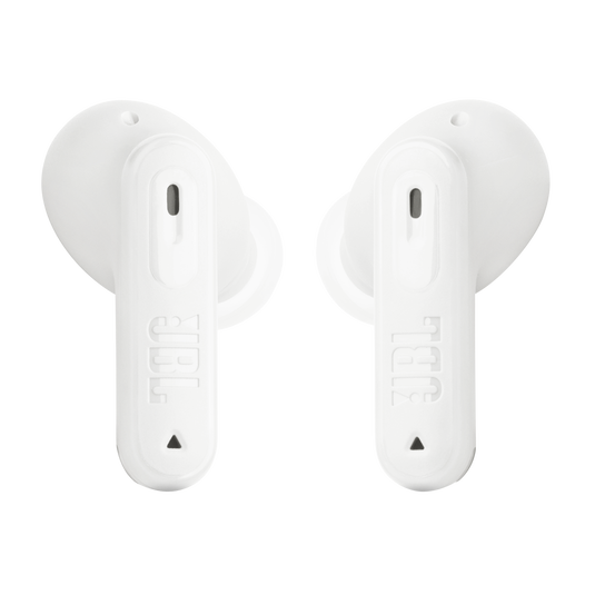 Vista frontal de los auriculares JBL Tune Beam 2 blanco