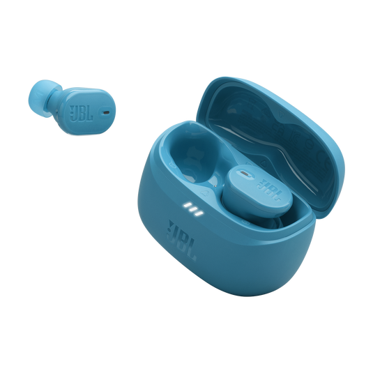 Estuche abierto con auricular JBL Tune Buds 2 turquesa