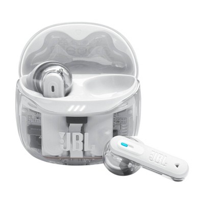Estuche abierto y auricular JBL Tune Flex 2 Ghost White