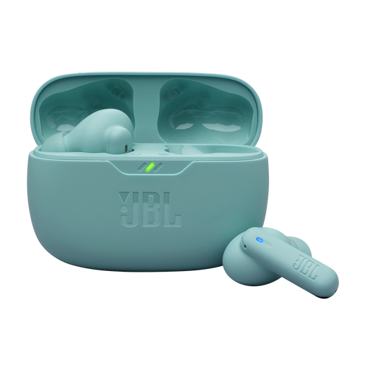Estuche abierto y auricular JBL Vibe Beam 2 azul