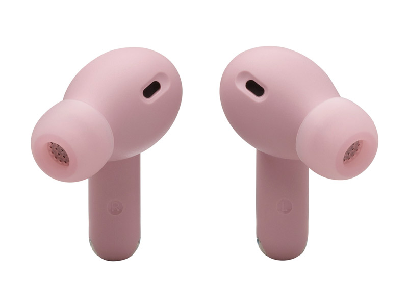 Vista frontal de los auriculares JBL Vibe Beam 2 rosas
