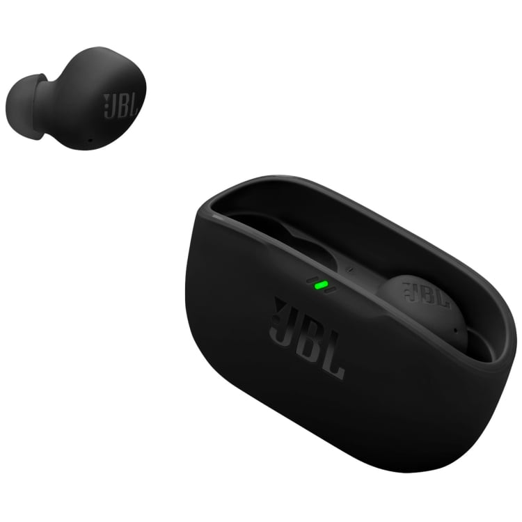 Estuche abierto con auriculares JBL Vibe Buds 2 negros