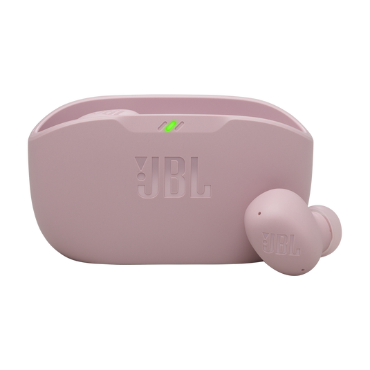 Vista principal de los audífonos JBL Vibe Buds 2 rosa con estuche
