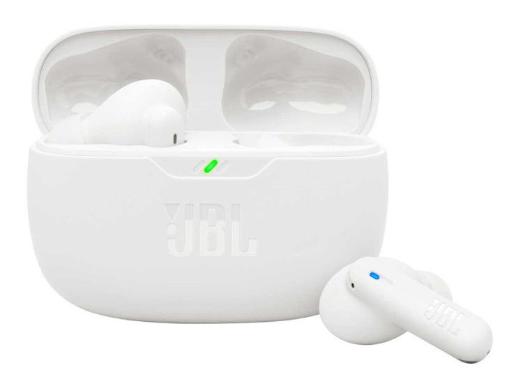 Vista del estuche abierto y auricular JBL Vibe Beam 2 blanco