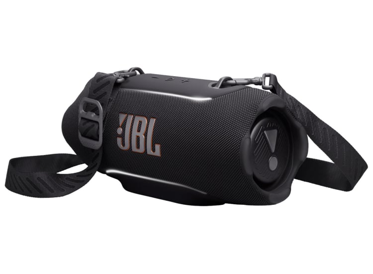 Vista frontal angular del parlante JBL Xtreme 5 negro con correa